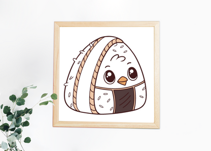 Cadre avec icône kawaii d'un oiseau gourmand dans un onigiri
