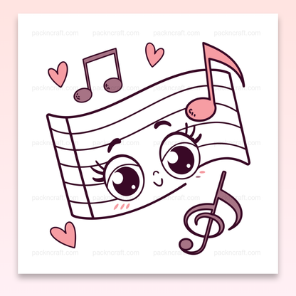 Illustration kawaii d'une partition joyeuse, parfaite pour la décoration musicale et les projets DIY.