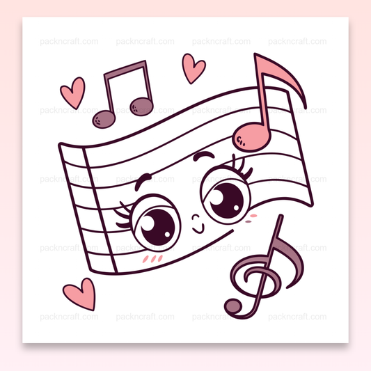 Illustration kawaii d'une partition joyeuse, parfaite pour la décoration musicale et les projets DIY.