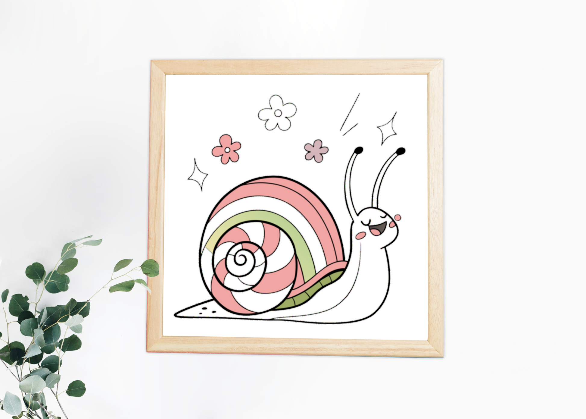 Cadre printanier avec escargot joyeux aux couleurs pastel en ambiance douce