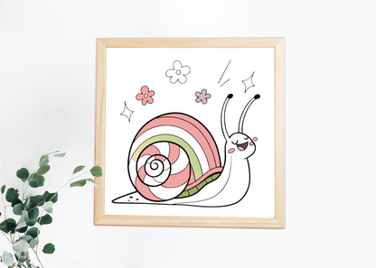 Cadre printanier avec escargot joyeux aux couleurs pastel en ambiance douce