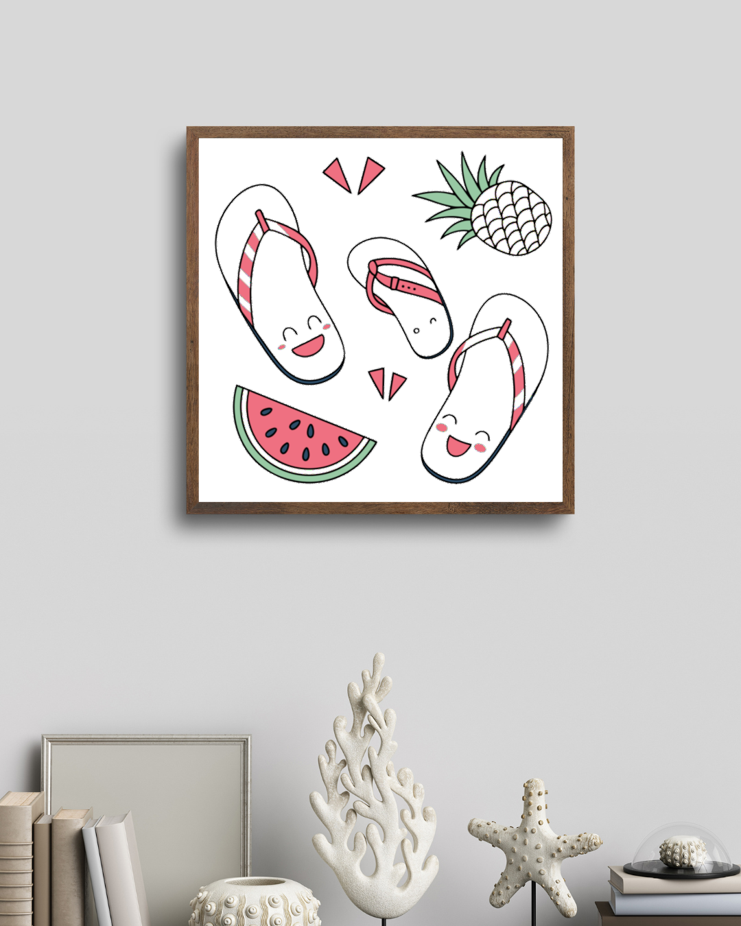 Cadre avec tongs joyeuses été stylisées au look kawaii sur fond tropical
