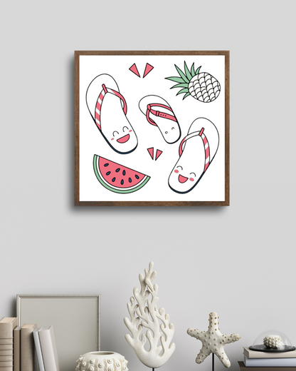 Cadre avec tongs joyeuses été stylisées au look kawaii sur fond tropical