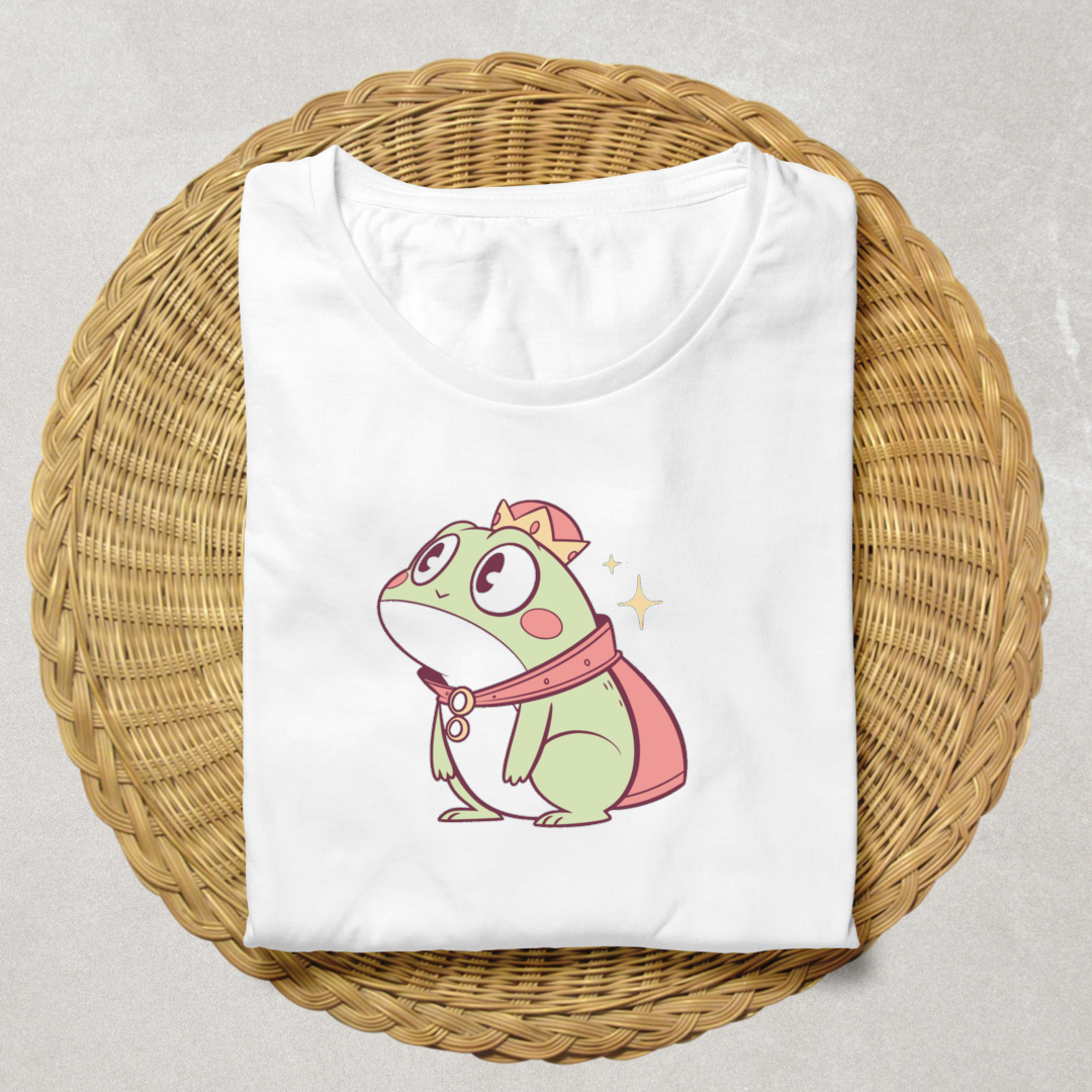 T-shirt avec grenouille royale étonnée dans un style kawaii enchanteur