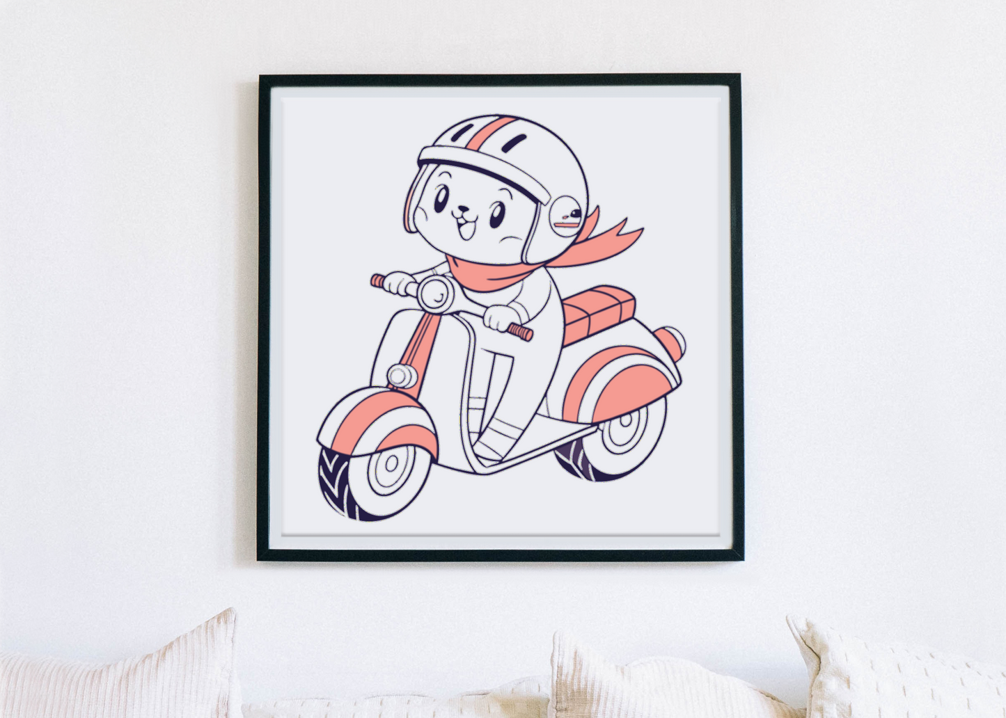 Cadre charmant illustrant un chat aventureux en moto, parfait pour une déco amicale
