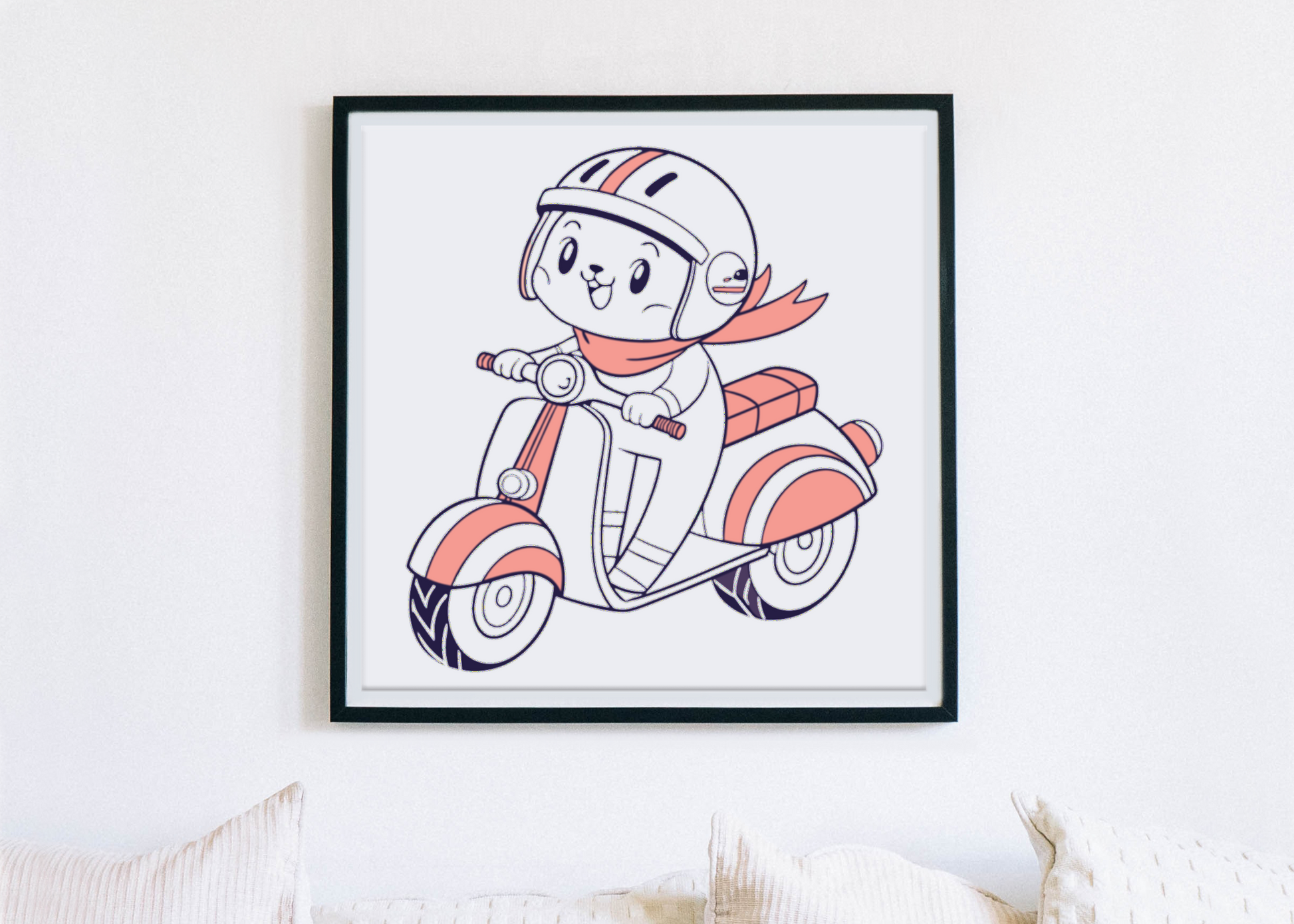 Cadre charmant illustrant un chat aventureux en moto, parfait pour une déco amicale