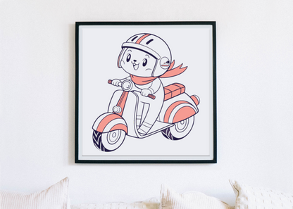 Cadre charmant illustrant un chat aventureux en moto, parfait pour une déco amicale