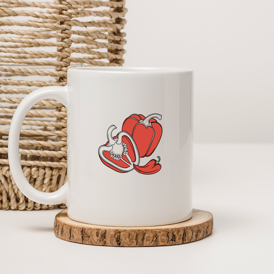 Mug décoré de poivrons éclatants, style vectoriel épuré, ambiance cuisine colorée