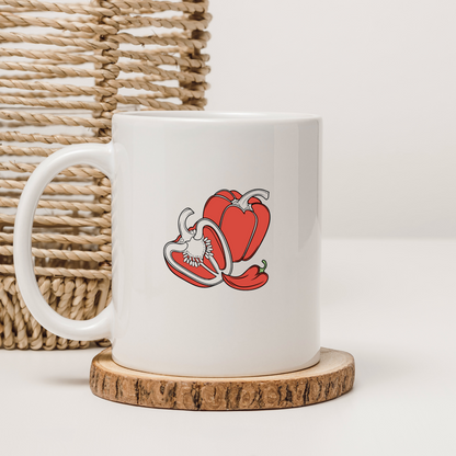 Mug décoré de poivrons éclatants, style vectoriel épuré, ambiance cuisine colorée