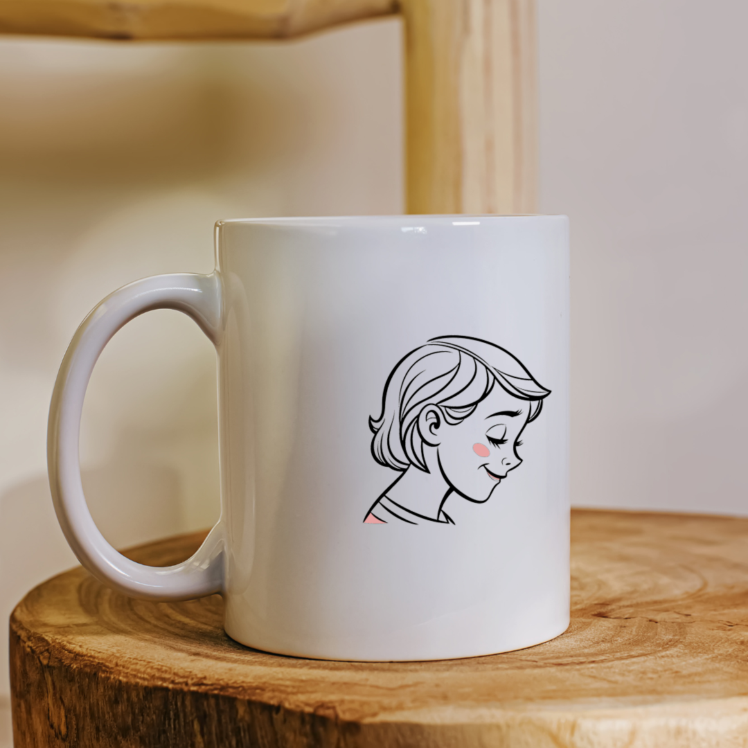 Mug avec motif fille souriante et rêveuse style enfantin minimaliste
