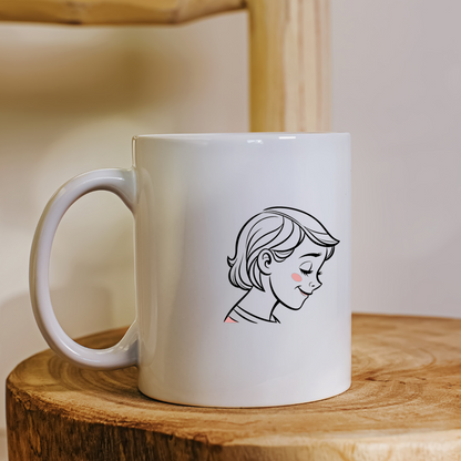 Mug avec motif fille souriante et rêveuse style enfantin minimaliste
