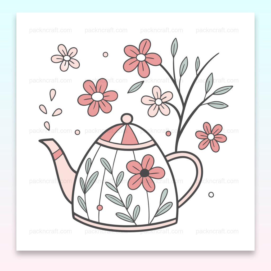 Illustration SVG d'une théière florale en style pastel, idéale pour projets décoratifs.