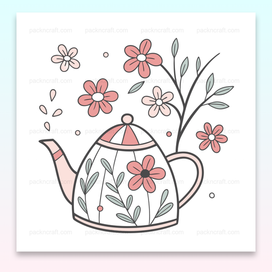 Illustration SVG d'une théière florale en style pastel, idéale pour projets décoratifs.