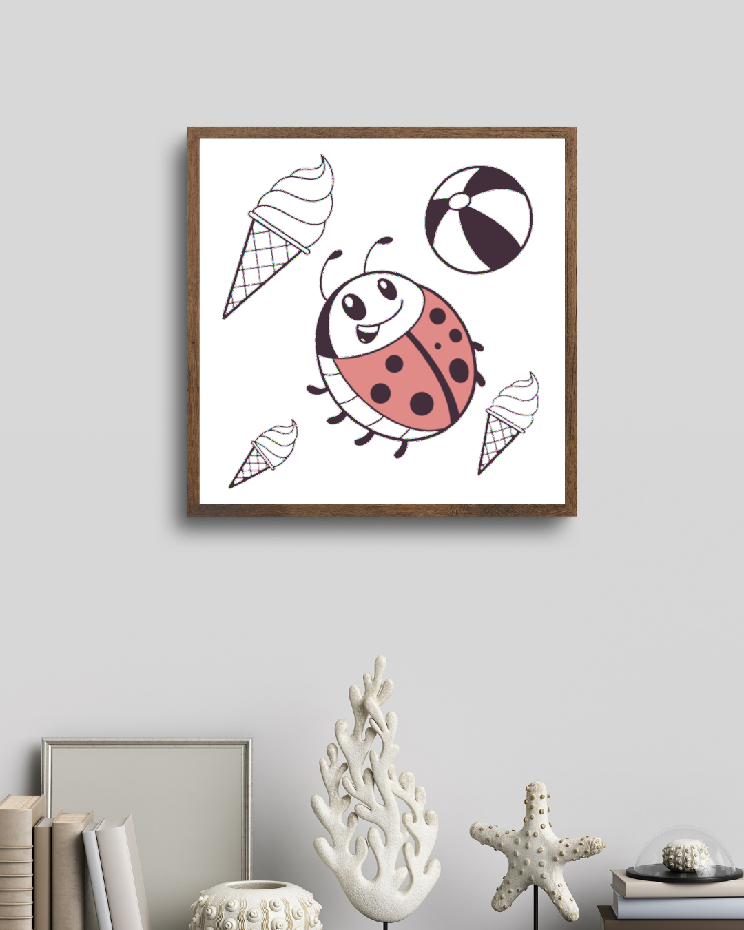 Cadre estival coloré avec coccinelle joyeuse, parfait pour égayer un mur
