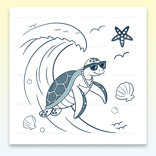 Illustration d'une tortue surfeuse stylisée, parfaite pour projets d'évasion estivale.