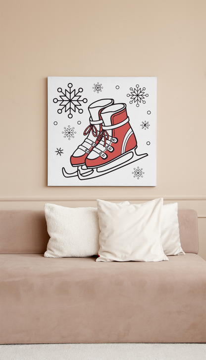 Cadre présentant des patins stylisés dans un design minimaliste hivernal enchanté