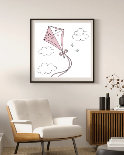 Cadre avec cerf-volant coloré en pastel, parfait pour une déco aérienne élégante