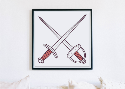 Cadre avec icône d'épées croisées style doodle, ambiance aventure captivante