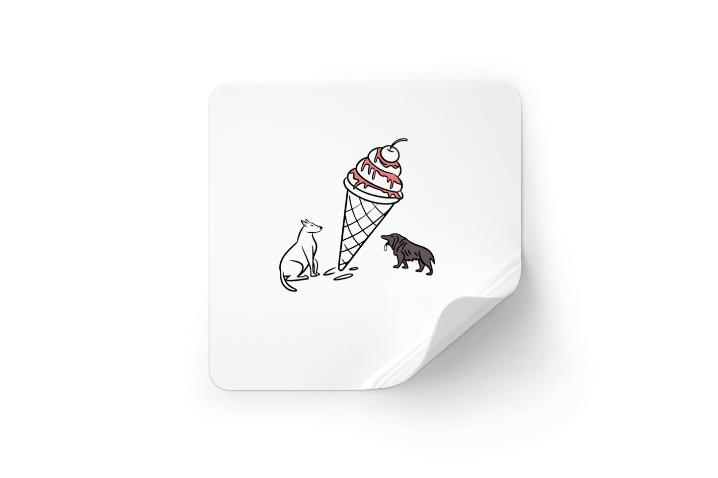 Sticker avec chiens amusants observant une glace pastel dans un style artistique unieke