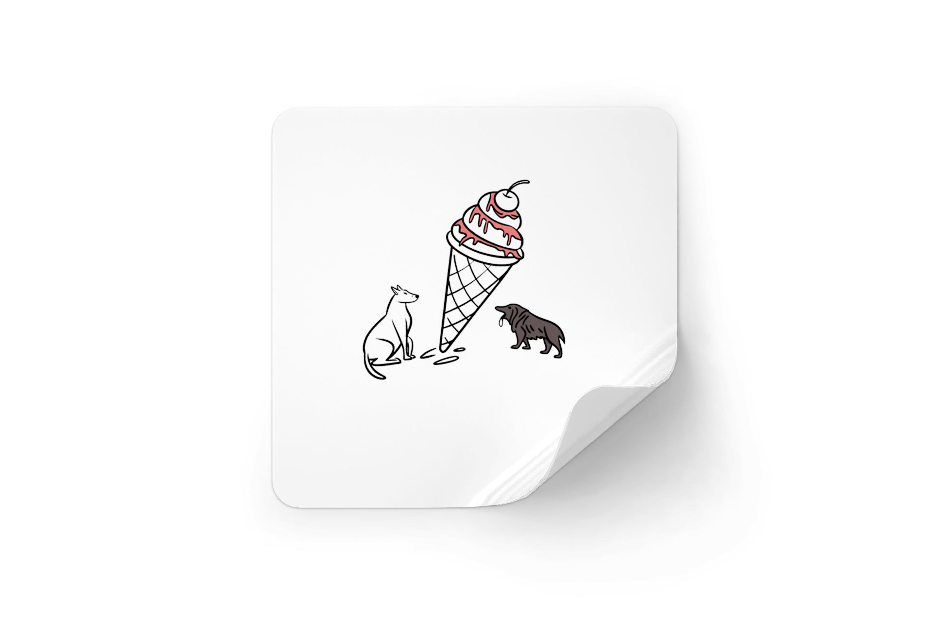 Sticker avec chiens amusants observant une glace pastel dans un style artistique unieke