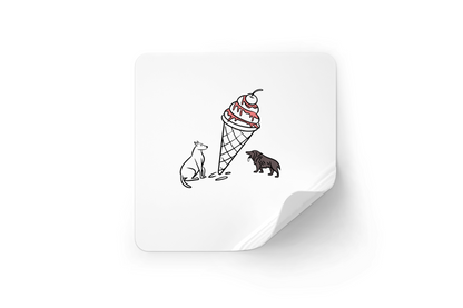 Sticker avec chiens amusants observant une glace pastel dans un style artistique unieke