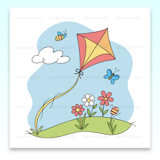 Cerf-volant joyeux dans un paysage printanier, entouré de fleurs et d'insectes.