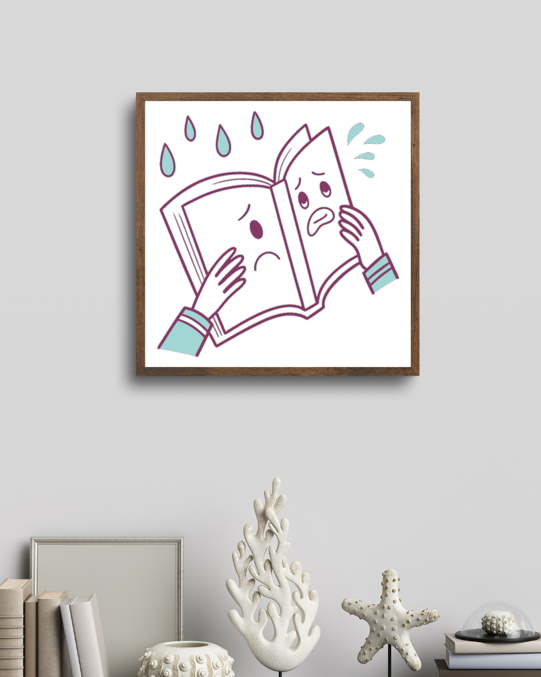 Cadre décoratif avec dessin stylisé d'un livre sous la pluie ambiance éducative