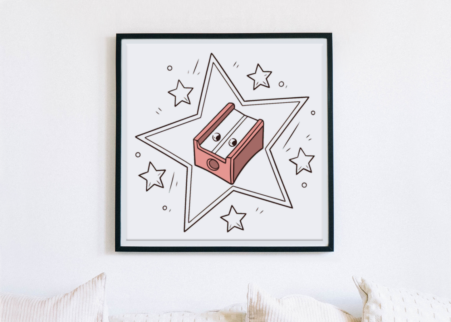 Cadre avec taille-crayon étoilé en style vectoriel minimaliste ambiance scolaire