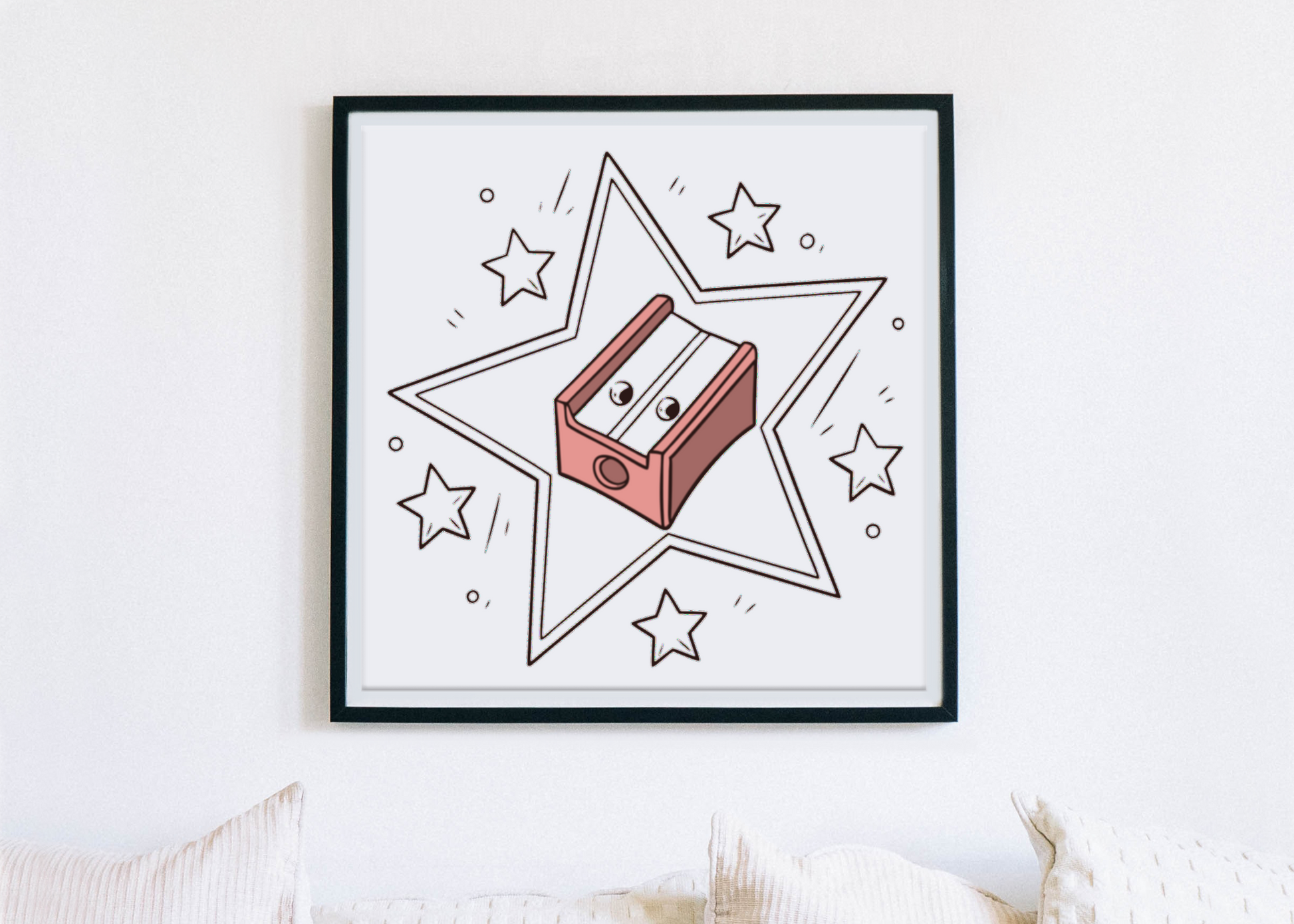 Cadre avec taille-crayon étoilé en style vectoriel minimaliste ambiance scolaire