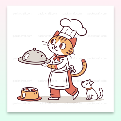 Chat chef servant un plat, idéal pour cuisine et papeterie