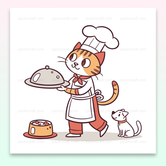 Chat chef servant un plat, idéal pour cuisine et papeterie