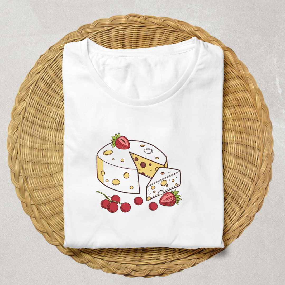 T-shirt cartoon avec icône fromage gourmand et fruits pour papeterie délicieuse