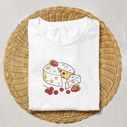 T-shirt cartoon avec icône fromage gourmand et fruits pour papeterie délicieuse