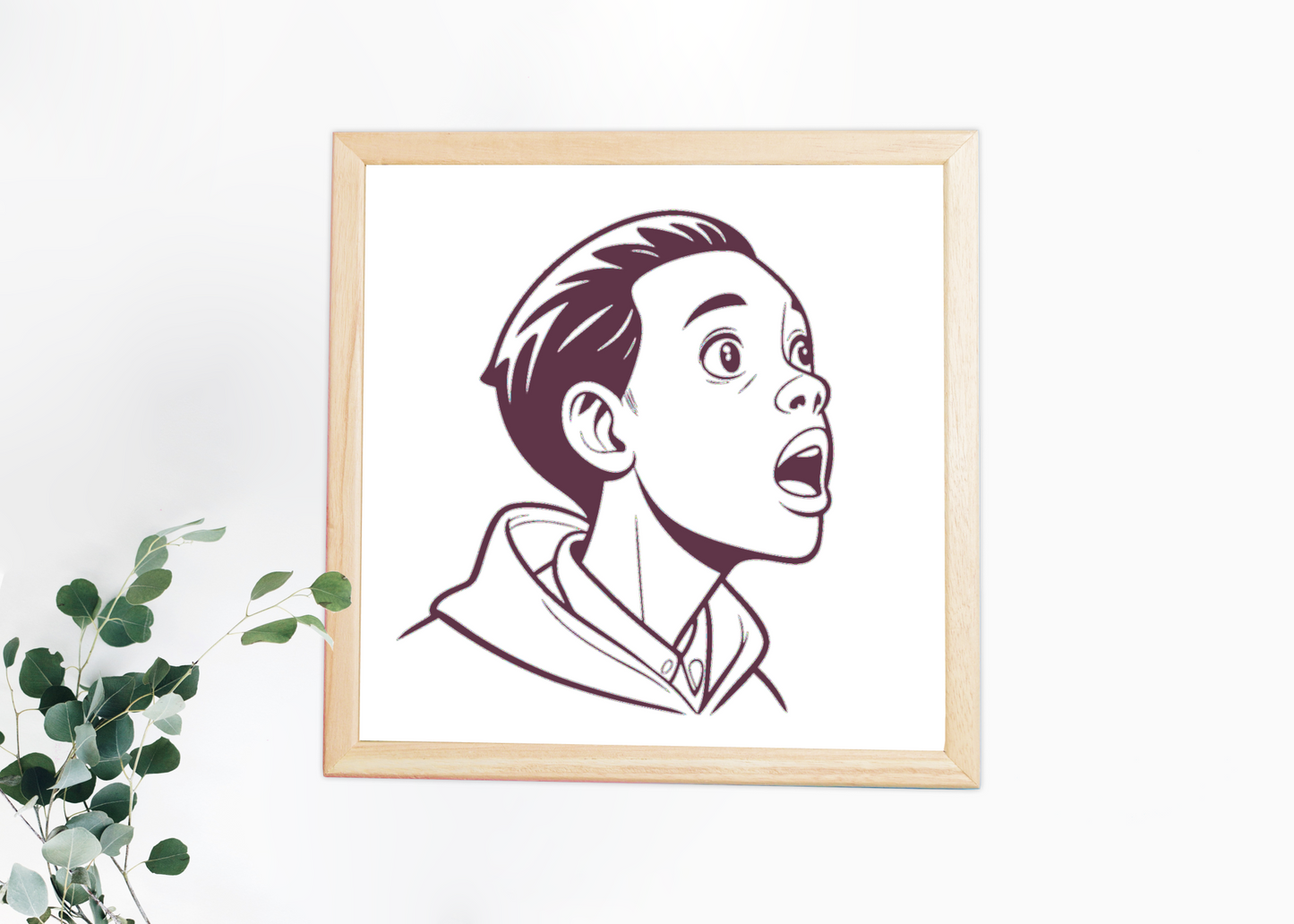 Cadre avec illustration d'un garçon ébahi en style minimaliste sur fond blanc