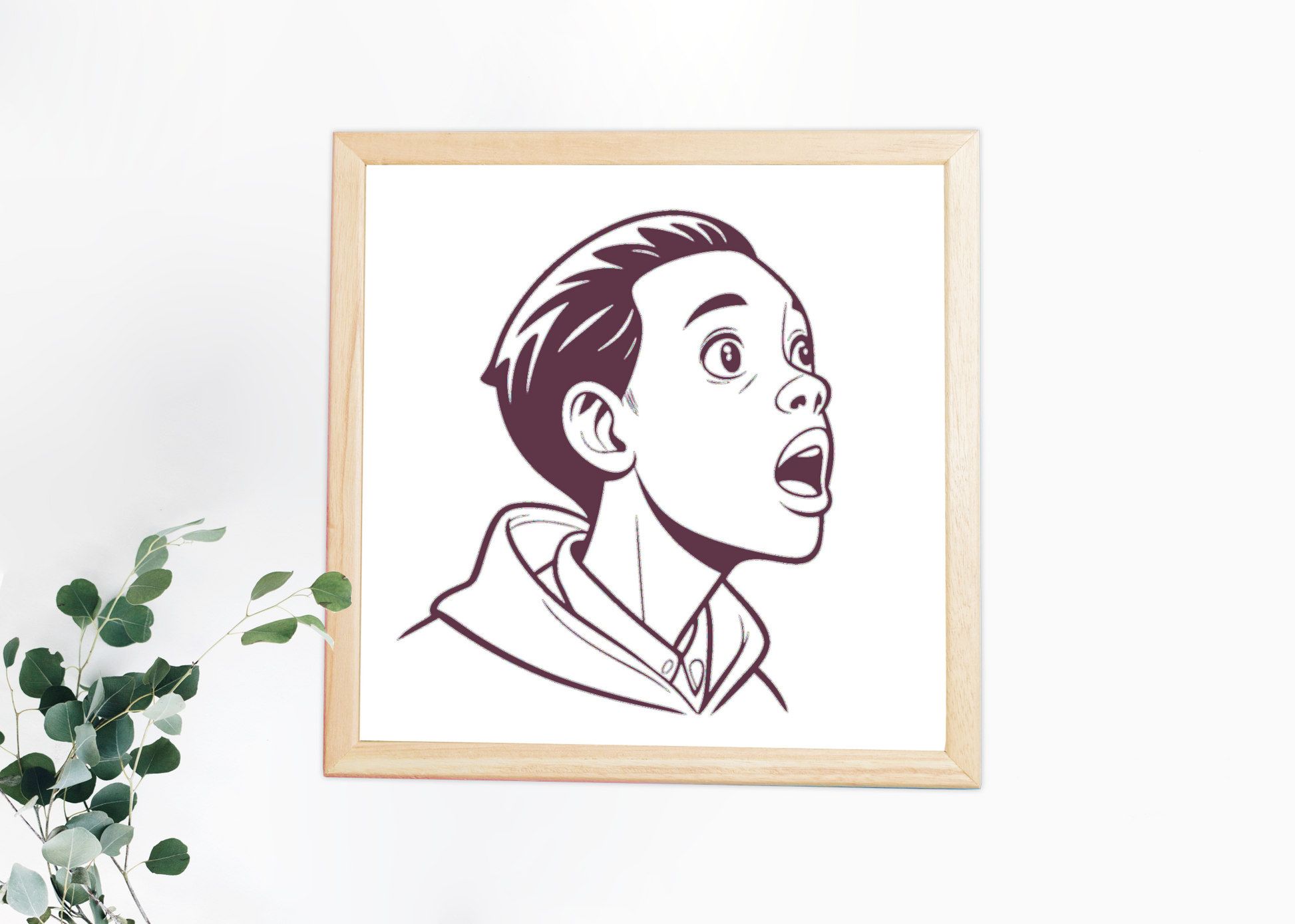 Cadre avec illustration d'un garçon ébahi en style minimaliste sur fond blanc
