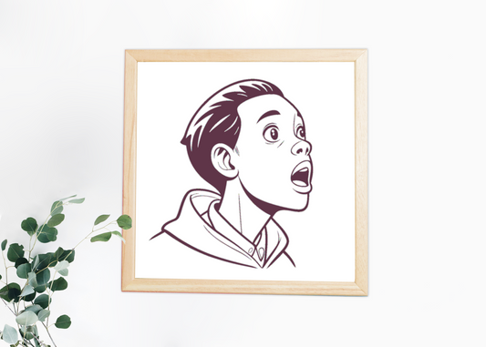 Cadre avec illustration d'un garçon ébahi en style minimaliste sur fond blanc