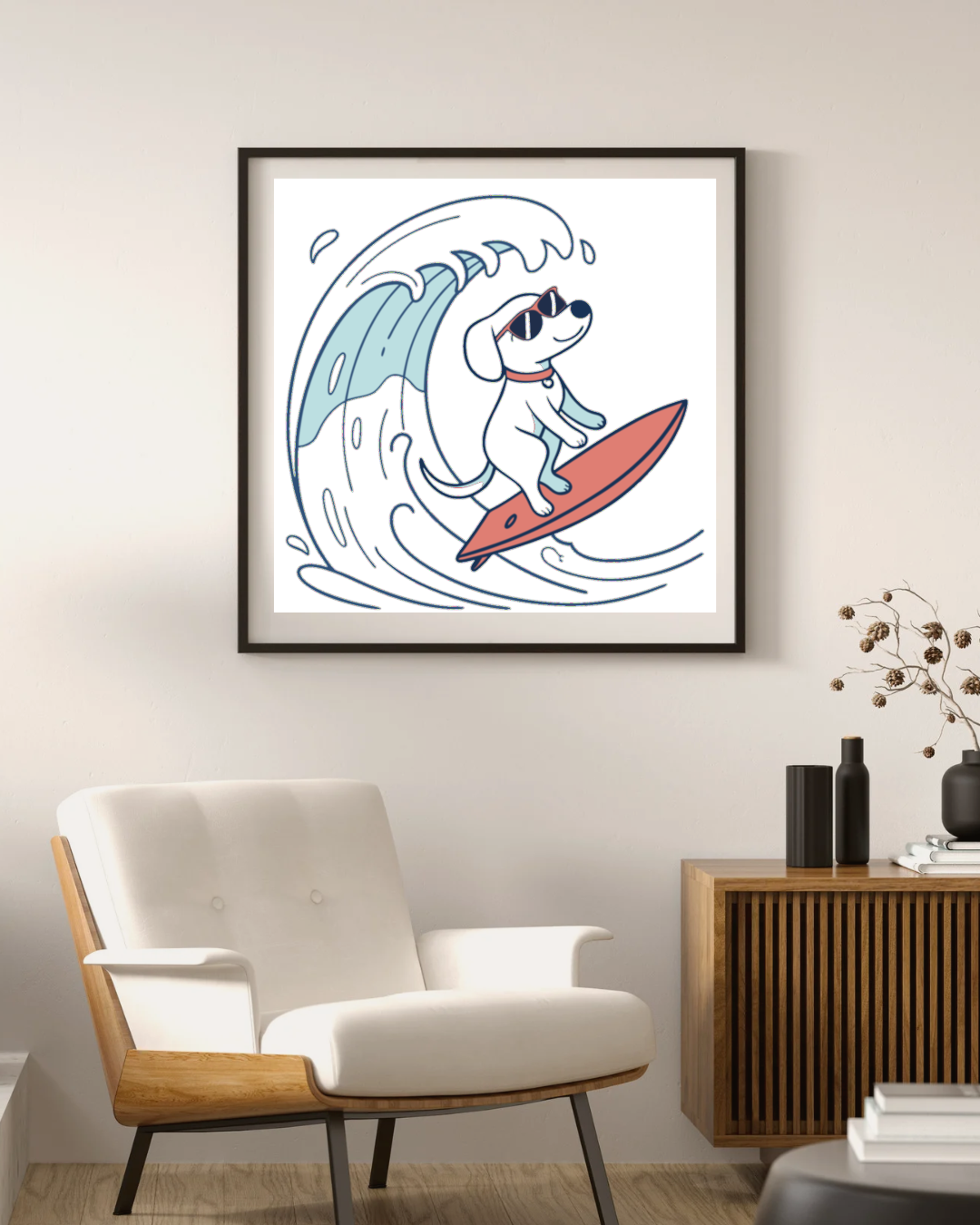 Cadre décoratif avec chien stylisé surfeur, parfait pour un thème plage vibrant
