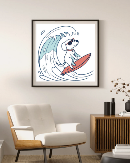 Cadre décoratif avec chien stylisé surfeur, parfait pour un thème plage vibrant