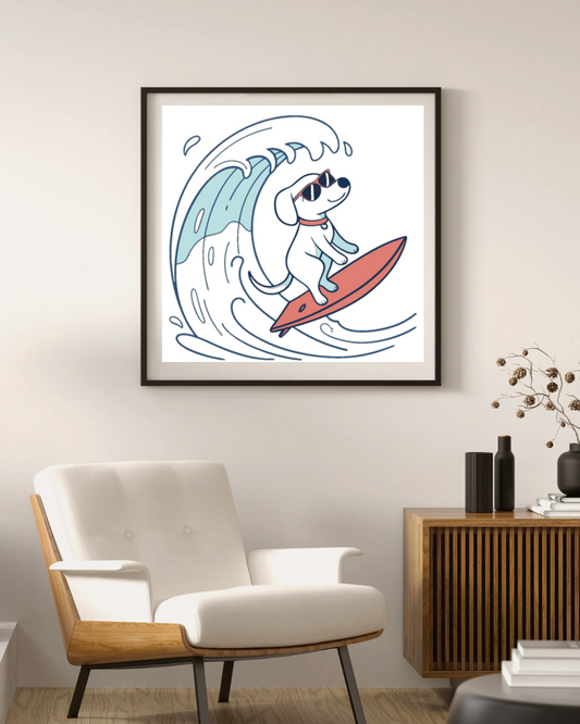 Cadre décoratif avec chien stylisé surfeur, parfait pour un thème plage vibrant