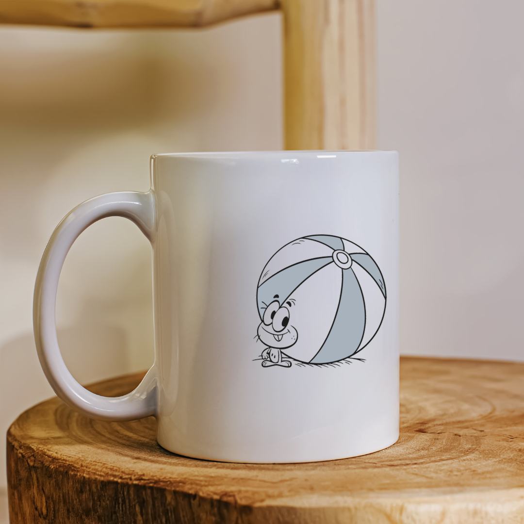 Mug décoré d'un personnage joyeux et kawaii tenant un ballon coloré