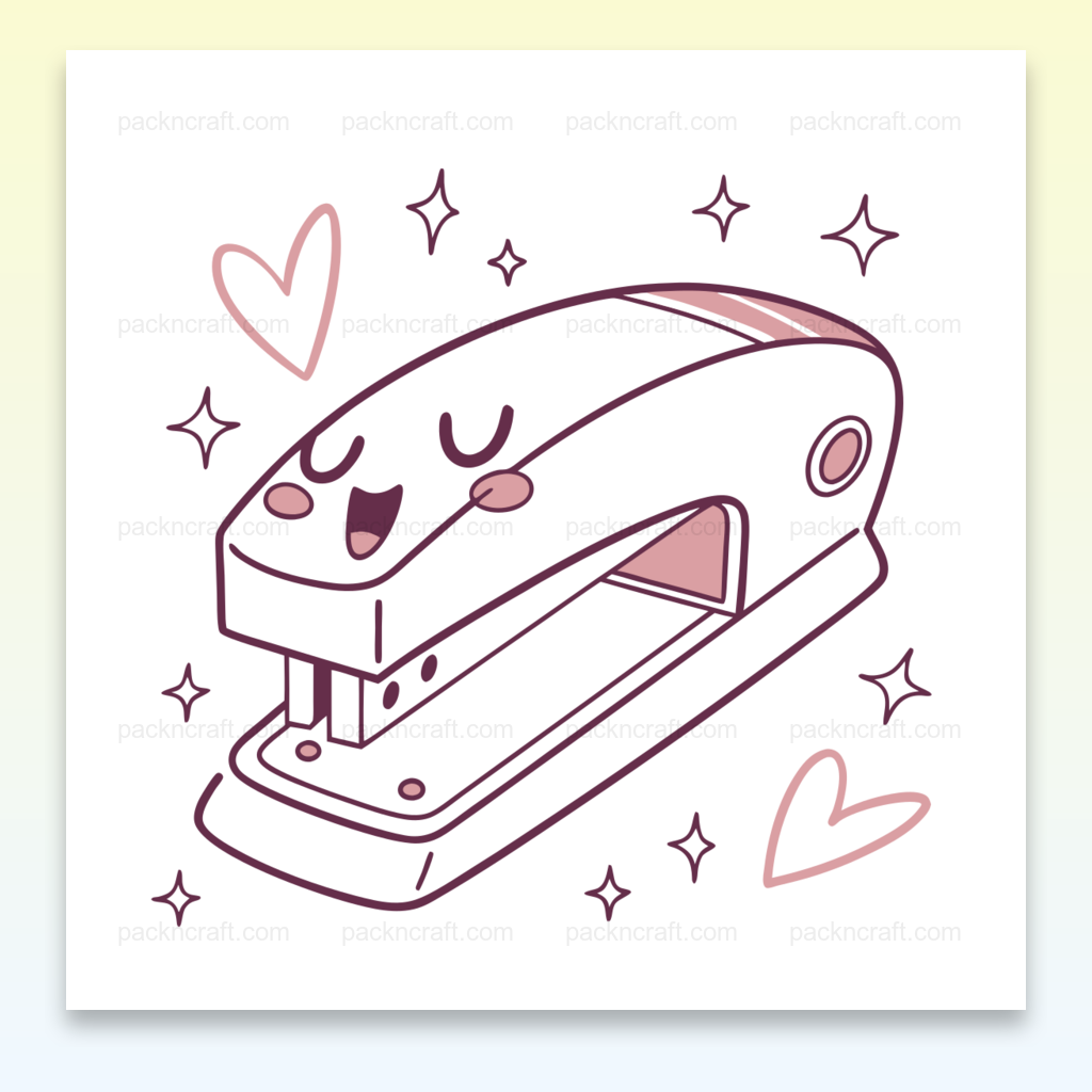 Illustration agrafeuse joyeuse kawaii, usage décoratif, scolaire.