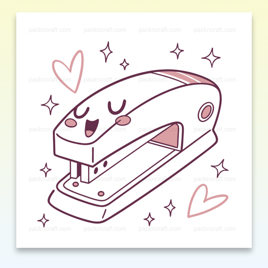 Illustration agrafeuse joyeuse kawaii, usage décoratif, scolaire.