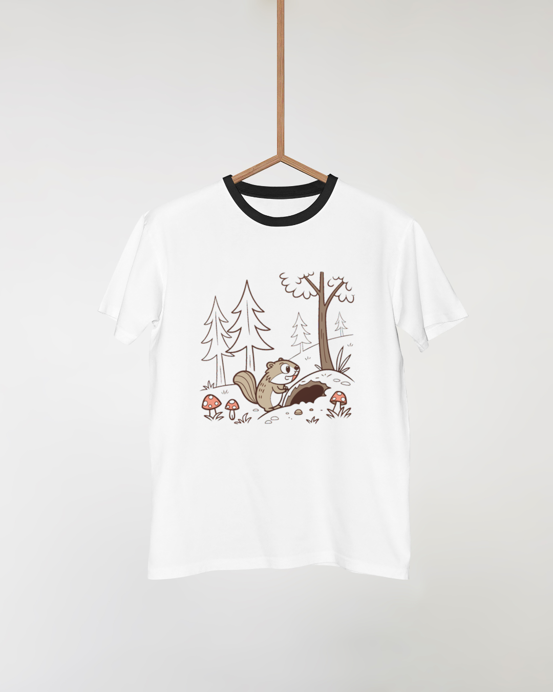 T-shirt aux tons naturels avec écureuil curieux en dessin numérique forêt verdoyante