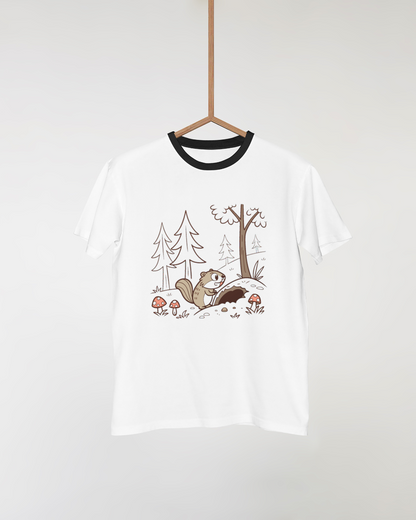 T-shirt aux tons naturels avec écureuil curieux en dessin numérique forêt verdoyante