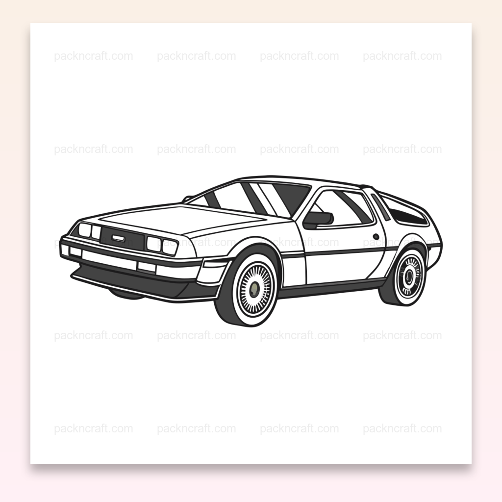 Illustration de la DeLorean vintage en mouvement, parfaite pour projets DIY., T-shirt imprimé avec la DeLorean DMC12 vintage, style rétro., Cadre décoratif représentant la DeLorean DMC12 vintage, idéal pour les collectionneurs., Tasse originale avec l'illustration vintage de la DeLorean, un must pour les fans., Sticker de la DeLorean DMC12 vintage, idéal pour personnaliser vos objets.