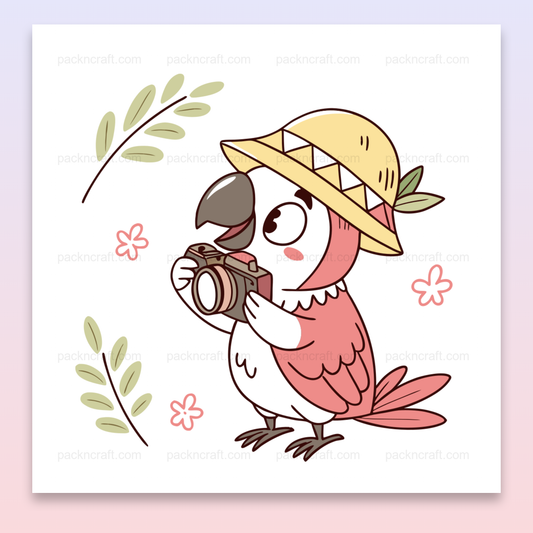 Illustration kawaii d'un perroquet photographe curieux, idéale pour DIY et décoration tropicale.