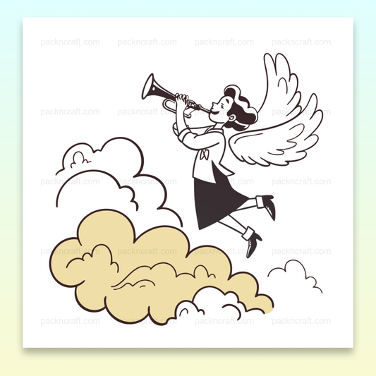 Illustration d'un ange jouant de la trompette en style minimaliste avec des nuages