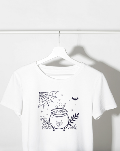 T-shirt décoré d'un chaudron magique et d'une chauve-souris pour Halloween mystique