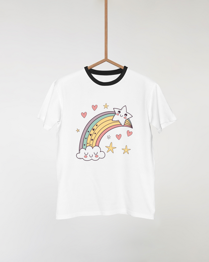 T-shirt enfantin avec motif arc-en-ciel joyeux en nuances pastel inspirant la gaieté