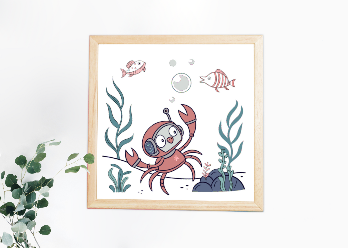 Représentation décorative de crabe curieux sur un cadre style aventure aquatique